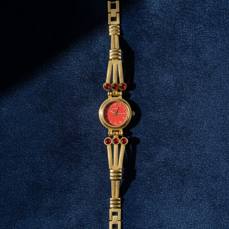 Vintage Gold-Tone Bracelet Watch with Ruby-Red Accents View Gallery - Pakistan