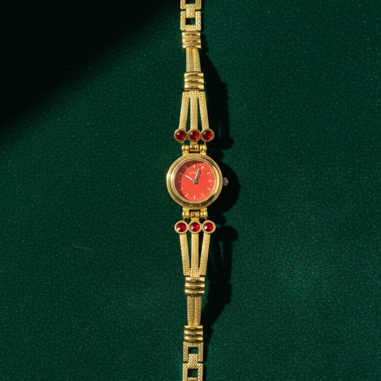 Vintage Gold-Tone Bracelet Watch with Ruby-Red Accents View Gallery - Pakistan