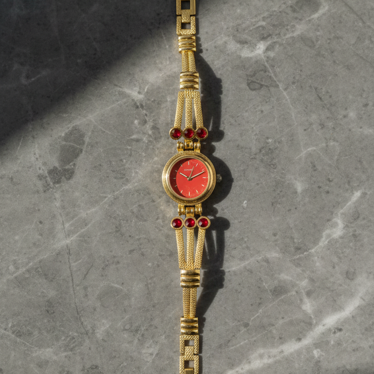 Vintage Gold-Tone Bracelet Watch with Ruby-Red Accents View Gallery - Pakistan