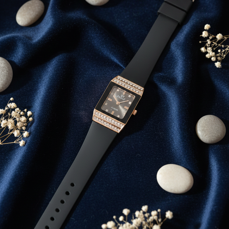 Midnight Elegance – Rectangular Rose Gold &amp; Crystal Statement Watch