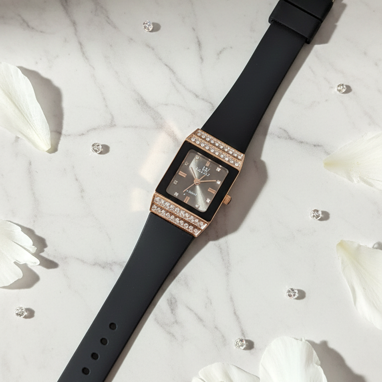 Midnight Elegance – Rectangular Rose Gold & Crystal Statement Watch View Gallery - Pakistan
