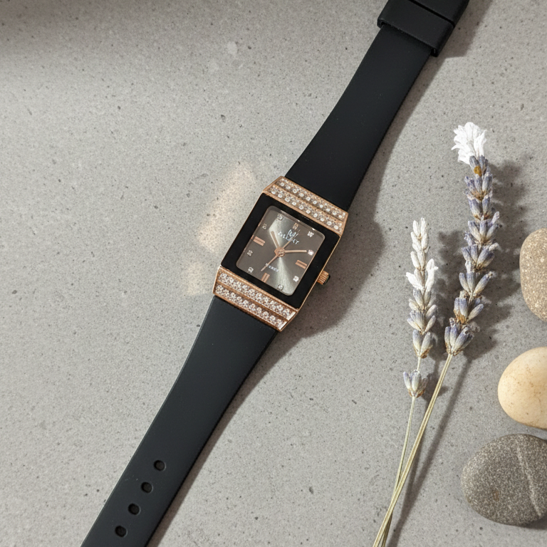 Midnight Elegance – Rectangular Rose Gold & Crystal Statement Watch View Gallery - Pakistan