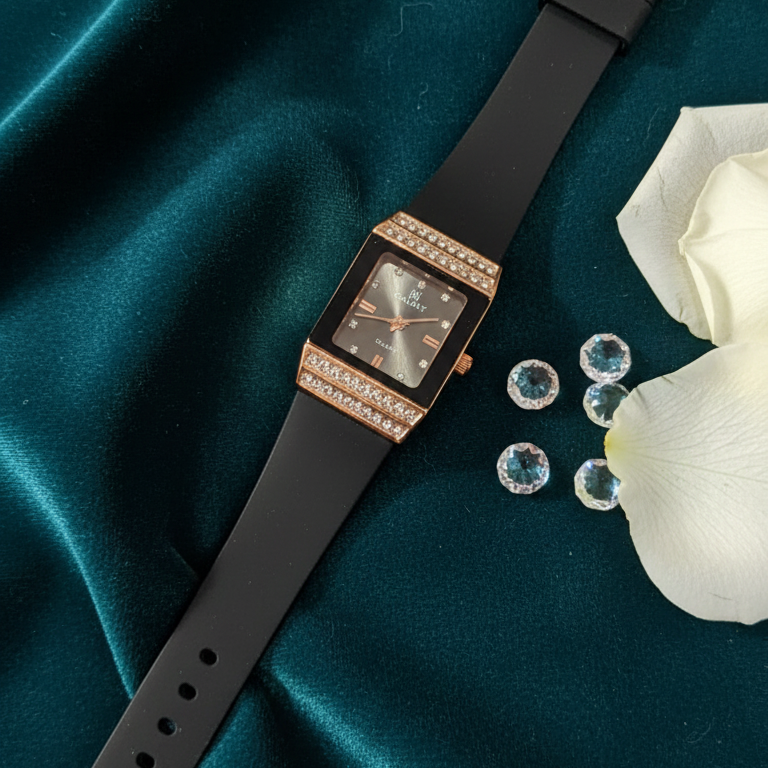 Midnight Elegance – Rectangular Rose Gold & Crystal Statement Watch View Gallery - Pakistan