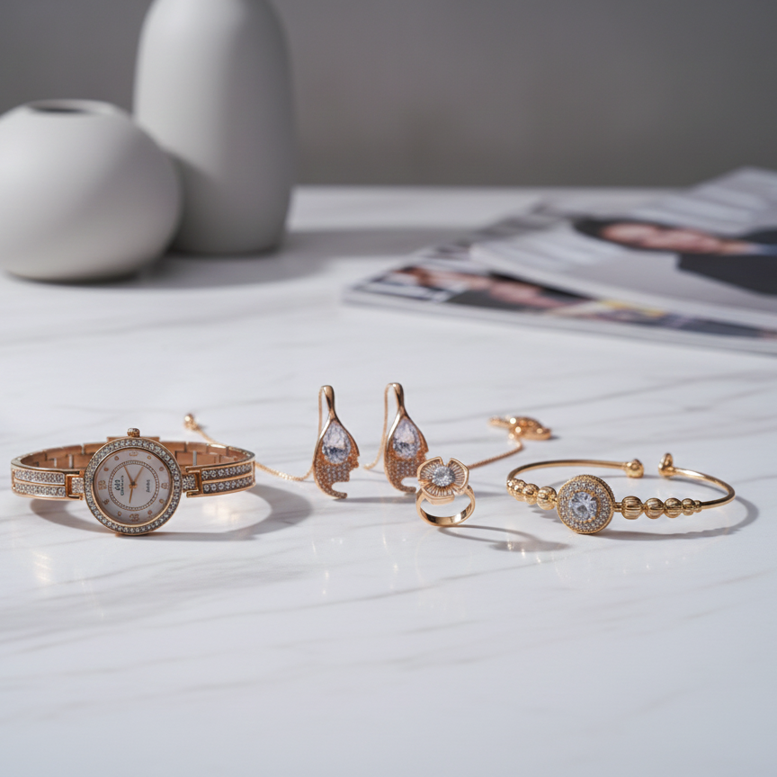 The Midnight Elegance Gold-Tone Jewelry & Timepiece Collection View Gallery - Pakistan