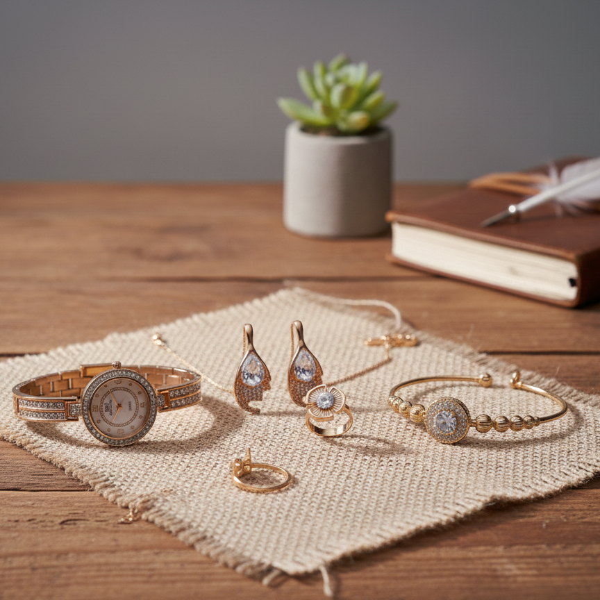 The Midnight Elegance Gold-Tone Jewelry & Timepiece Collection View Gallery - Pakistan