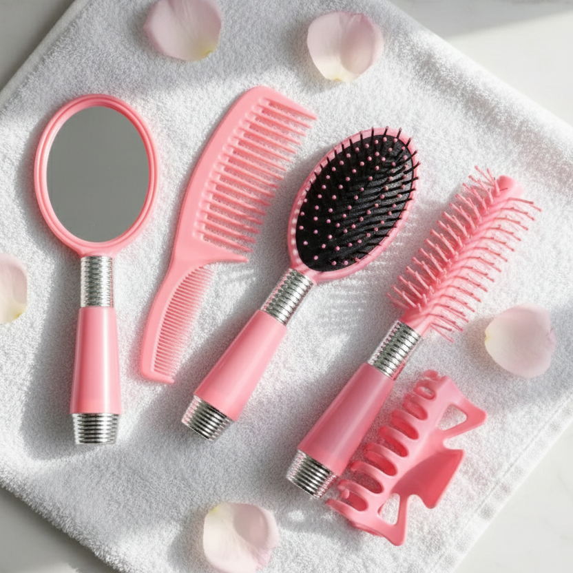 Pink 4 Piece Hair Brush Set Providing Premium Quality With Fashionable Design Comfortable Grip View Gallery - Pakistan