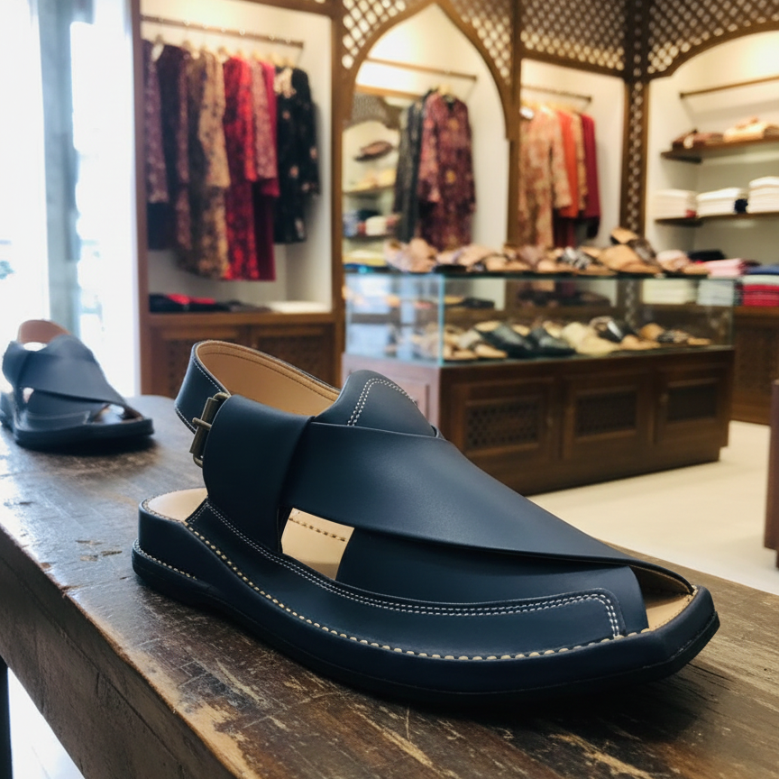 Blue Zalmi Leather Peshawari Chappal Offering Traditional Craftsmanship With Stylish Design And Comfortable Wear View Gallery - Pakistan