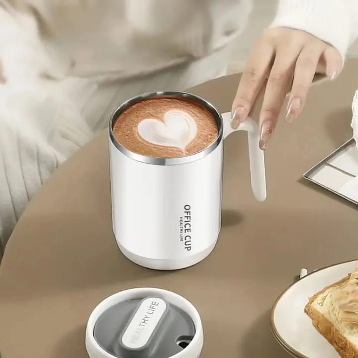 Office Cup: 500ml Double-Walled Stainless Steel Coffee Mug with Ergonomic Handle, Splash-Proof Lid, and Minimalist "Healthy Life" Aesthetic for Home &amp; Workspace