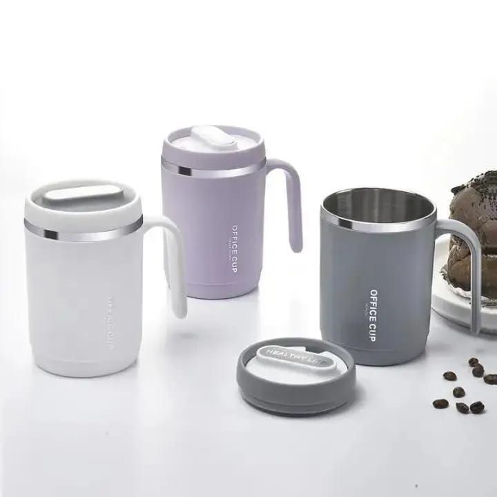 Office Cup: 500ml Double-Walled Stainless Steel Coffee Mug with Ergonomic Handle, Splash-Proof Lid, and Minimalist "Healthy Life" Aesthetic for Home & Workspace View Gallery - Pakistan