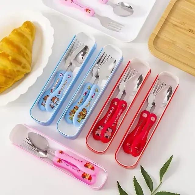 Portable Kids' Stainless Steel Cutlery Set – Ergonomic Cartoon Spoon and Fork with Slim-Fit Travel Storage Case for School Lunches, Picnics, and Toddler Self-Feeding