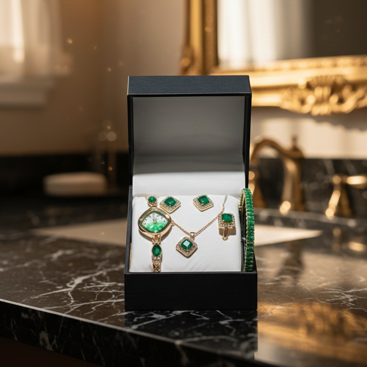 Chic Womens Digital Display Watch With Emerald Green Jewellery Stainless Steel Premium Quality For Daily Wear And Special Occasions