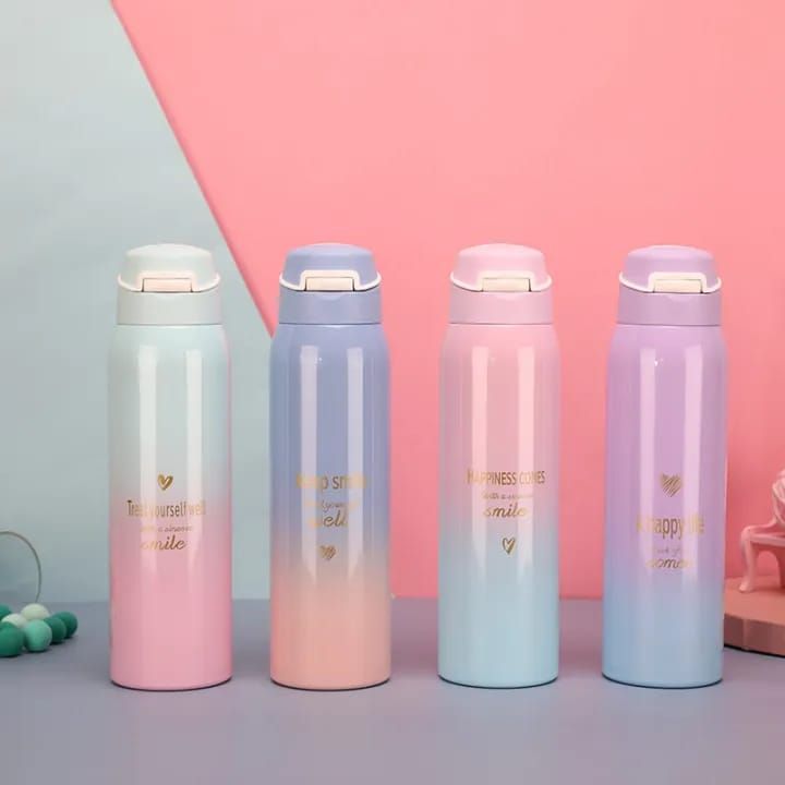 Premium Pastel Ombré Insulated Stainless Steel Water Bottle – 500ml Vacuum Flask with Leak-Proof Flip-Top Lid, Gold Inspirational Lettering, and Double-Wall Thermal Insulation for Hot &amp; Cold Drinks