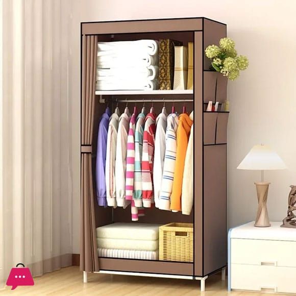 Heavy-Duty Portable Single Fabric Wardrobe – Compact Space-Saving Clothes Organizer with Hanging Rail, Storage Shelves, and Dustproof Curtain Cover (56cm x 44cm x 146cm)