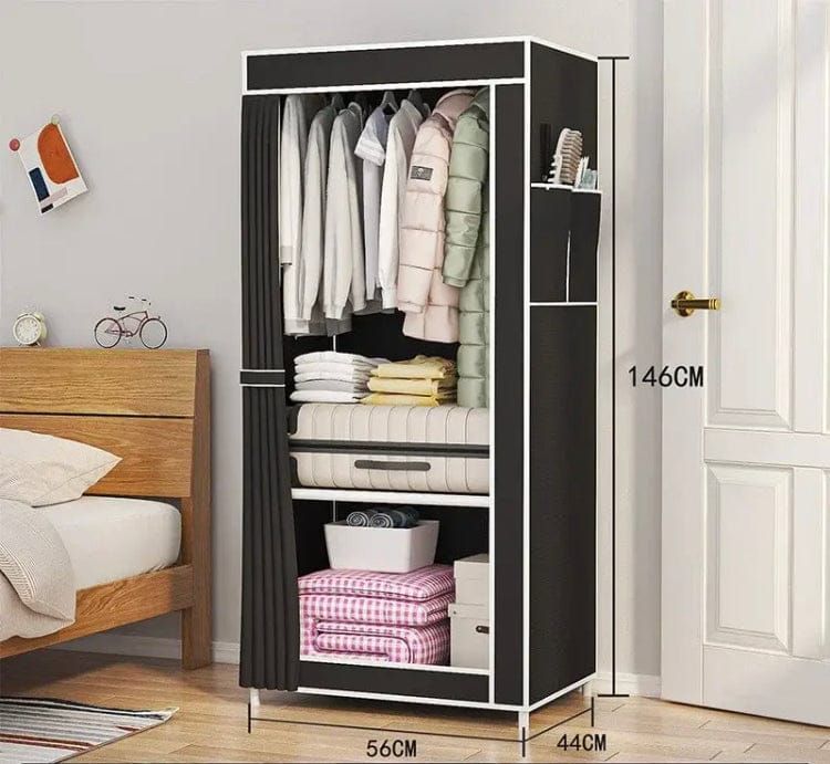 Heavy-Duty Portable Single Fabric Wardrobe – Compact Space-Saving Clothes Organizer with Hanging Rail, Storage Shelves, and Dustproof Curtain Cover (56cm x 44cm x 146cm) View Gallery - Pakistan