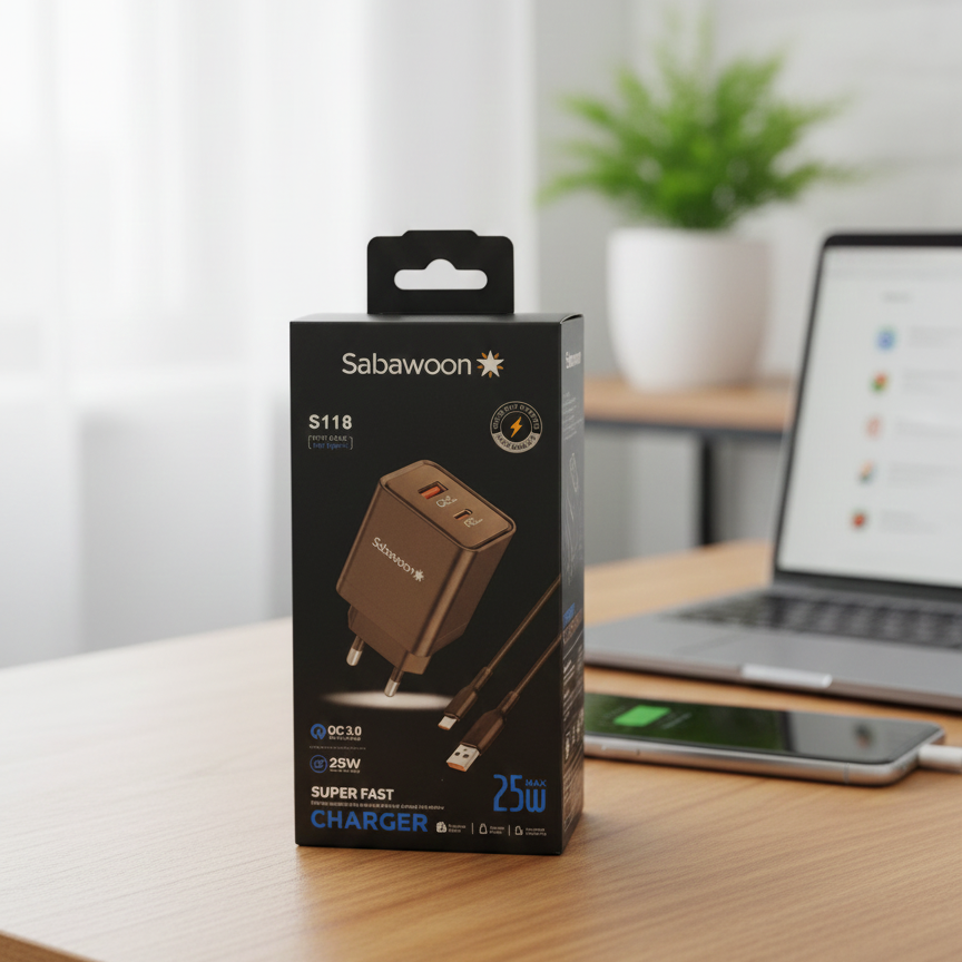 Sabawoon S118 Charger | Original Quality | Fast Charging Adaptor with Cable | Durable &amp; Reliable