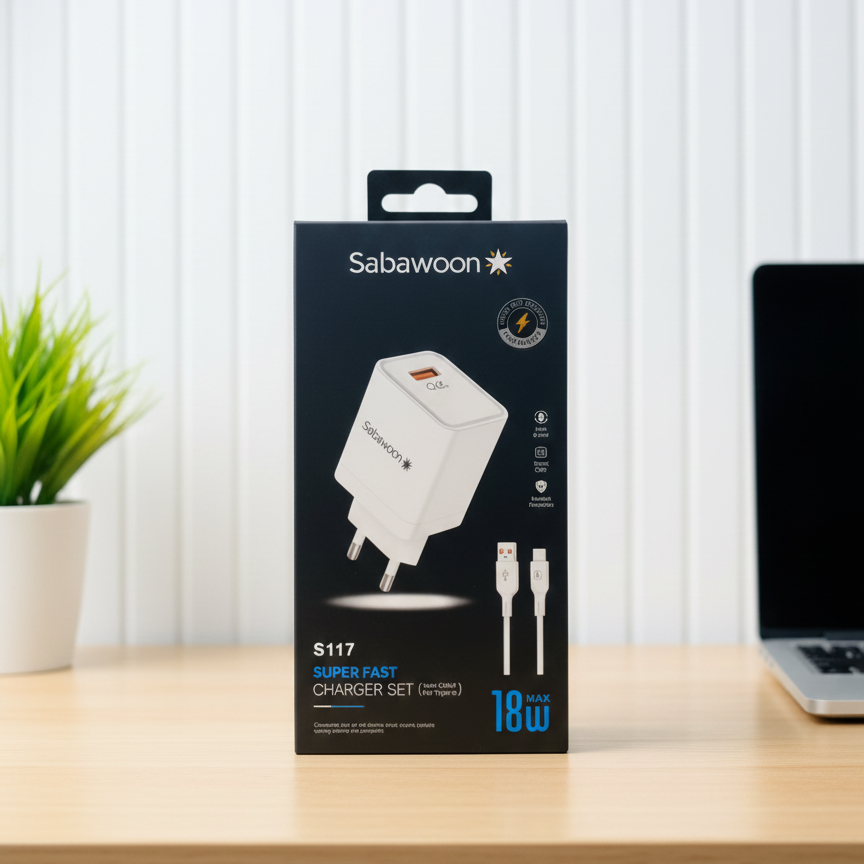 Sabawoon S117 Charger | 18W Fast Charging | 100% Original Quality | Adaptor with Type‑C Cable View Gallery - Pakistan