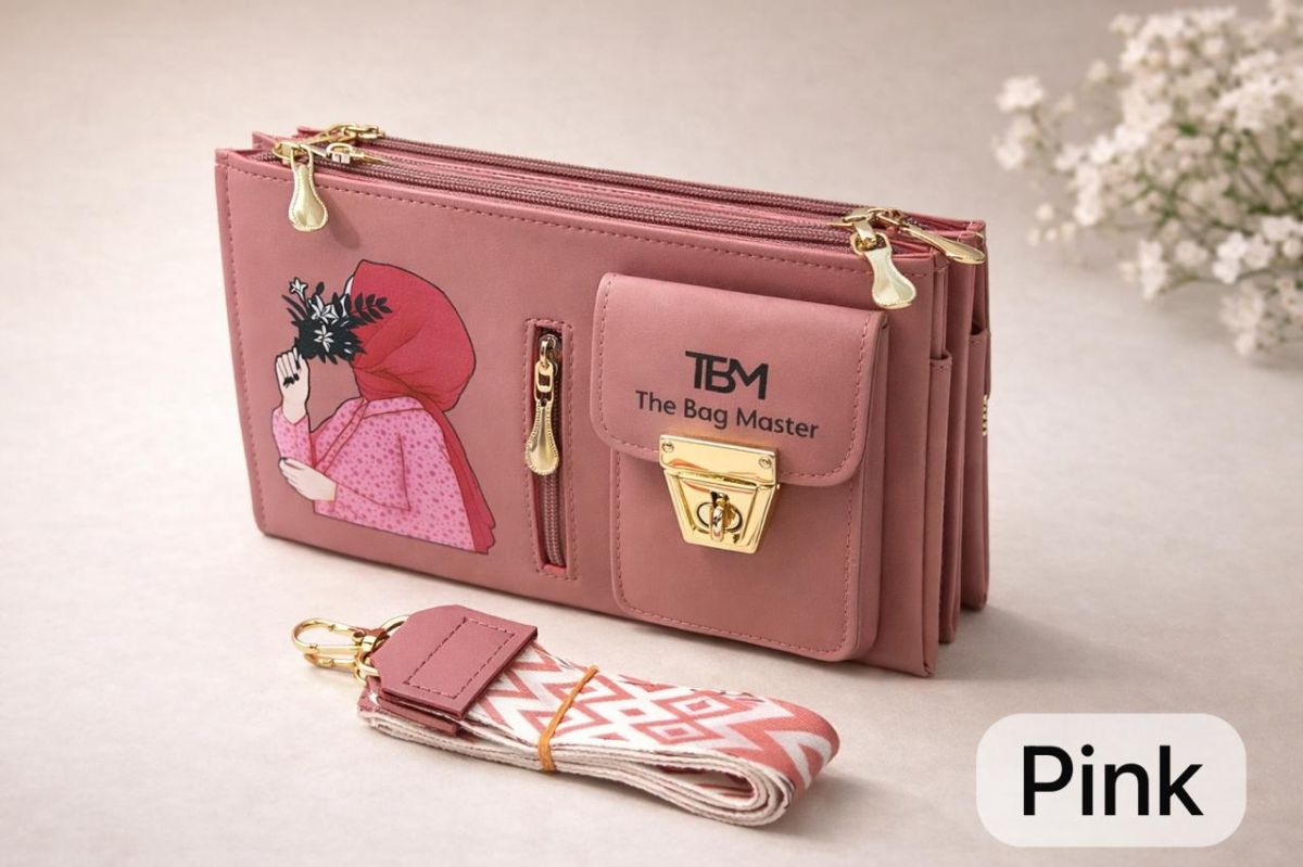 The Bag Master Signature Illustrated Multi-Compartment Crossbody Bag with Detachable Geometric Patterned Straps View Gallery - Pakistan