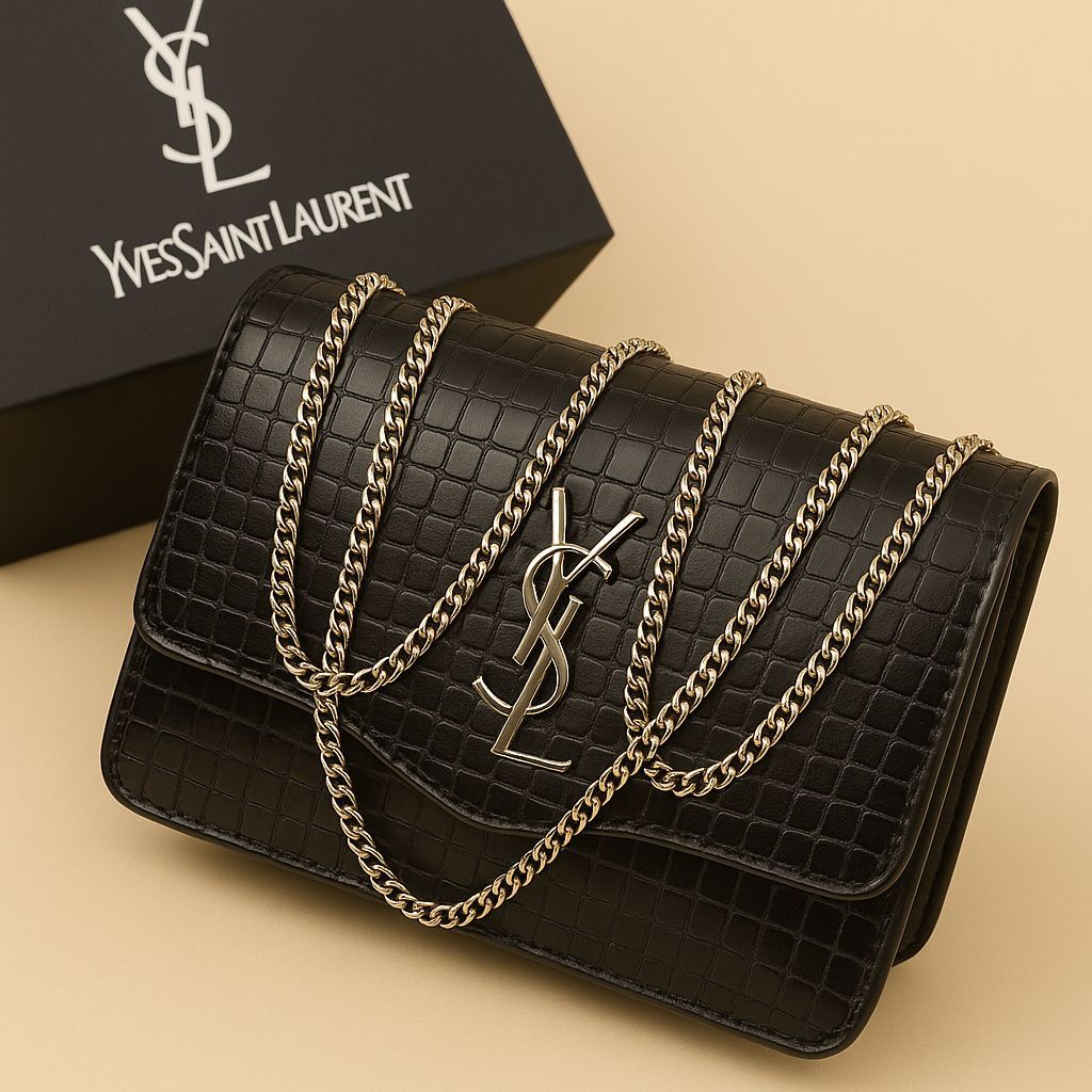 Premium Croc-Embossed Vegan Leather Crossbody Bag with Elegant Gold-Tone Chain Strap and Iconic Signature Hardware View Gallery - Pakistan