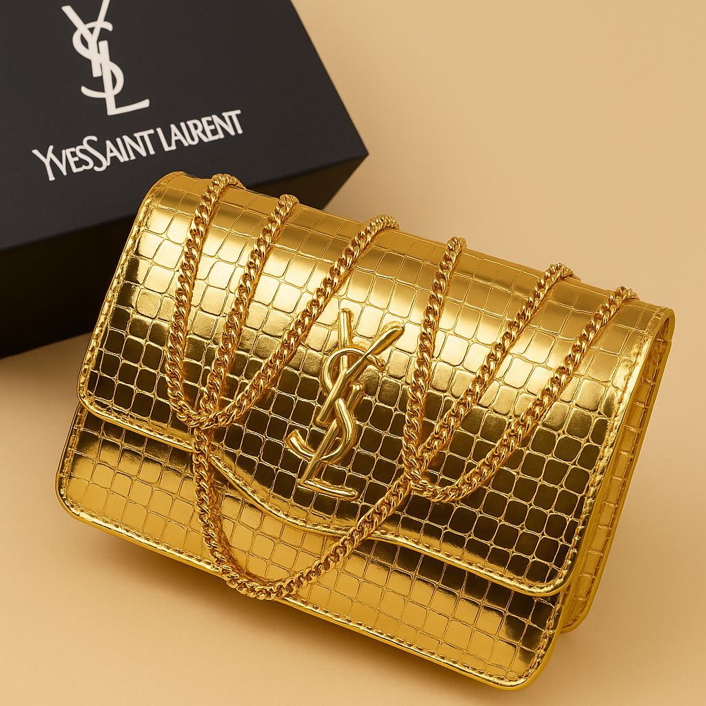 Premium Croc-Embossed Vegan Leather Crossbody Bag with Elegant Gold-Tone Chain Strap and Iconic Signature Hardware View Gallery - Pakistan