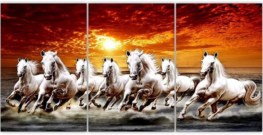 🌅 Majestic Seven White Horses Running on Porcelain Tile Art - Fiery Sunset Triptych