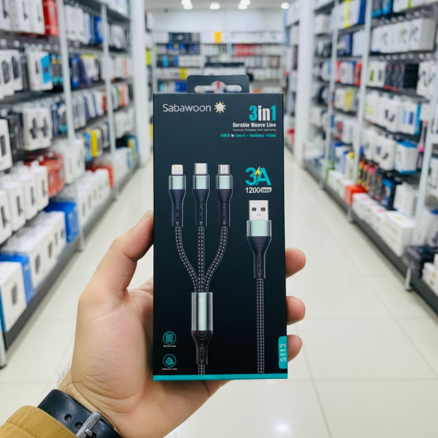 Sabawoon S113 3‑in‑1 Cable | 3A Fast Charging | Original Quality