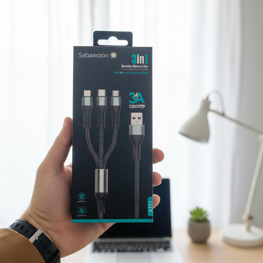 Sabawoon S113 3‑in‑1 Cable | 3A Fast Charging | Original Quality View Gallery - Pakistan