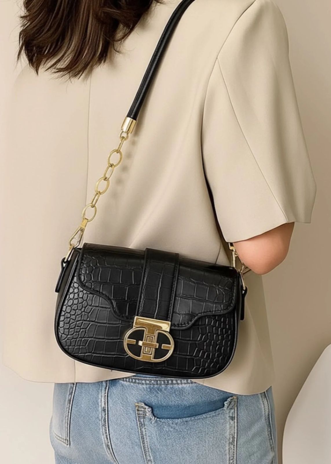 Structured Croc-Embossed Faux Leather Shoulder Bag with Gold-Tone Chain Accent and Geometric Clasp View Gallery - Pakistan