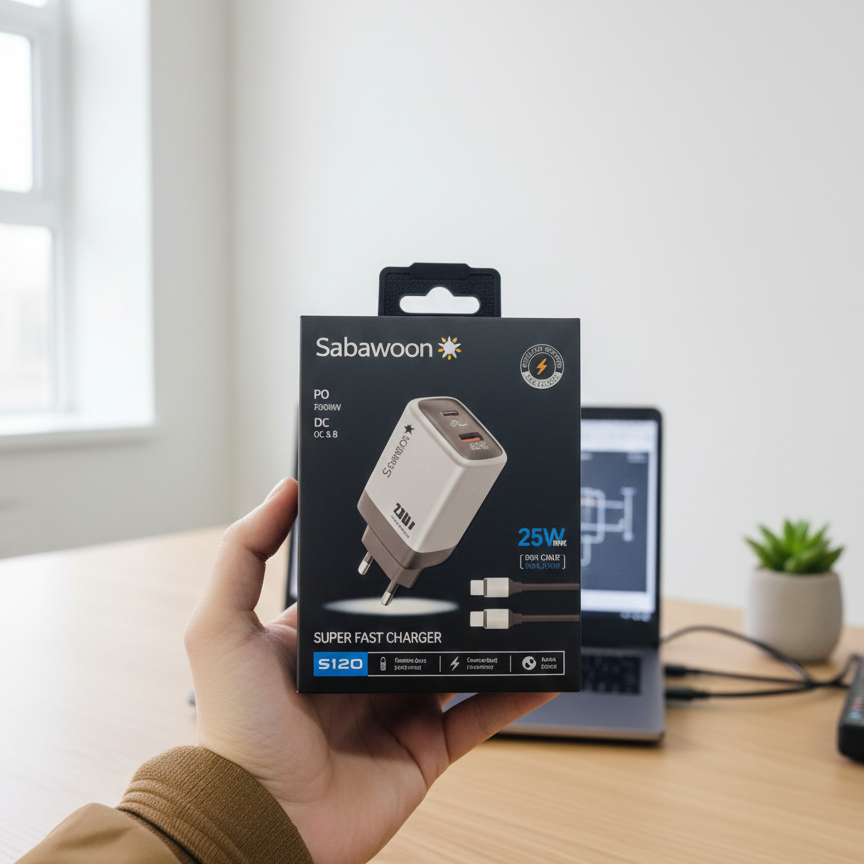 Sabawoon S120 25W Fast Charger 🔌 | All Mobile Options | Type‑C to Type‑C Cable View Gallery - Pakistan