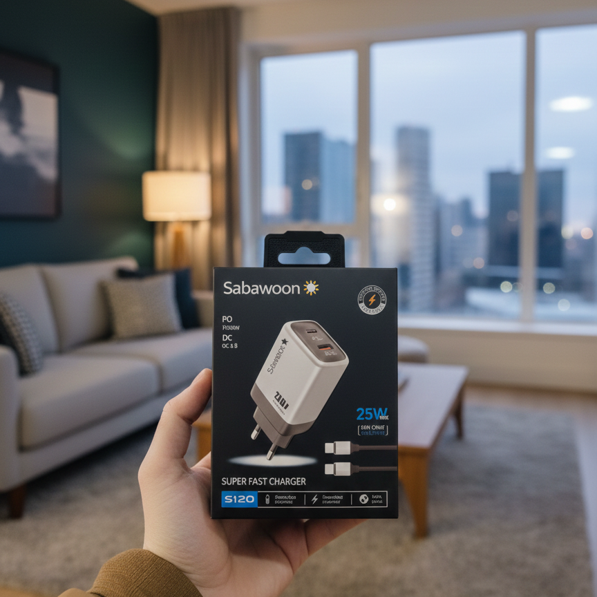 Sabawoon S120 25W Fast Charger 🔌 | All Mobile Options | Type‑C to Type‑C Cable View Gallery - Pakistan