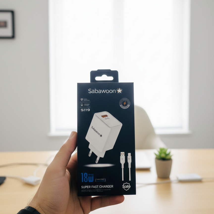 Sabawoon S119 Fast Charging Charger 🔌 | 18W Original | With Micro Cable View Gallery - Pakistan