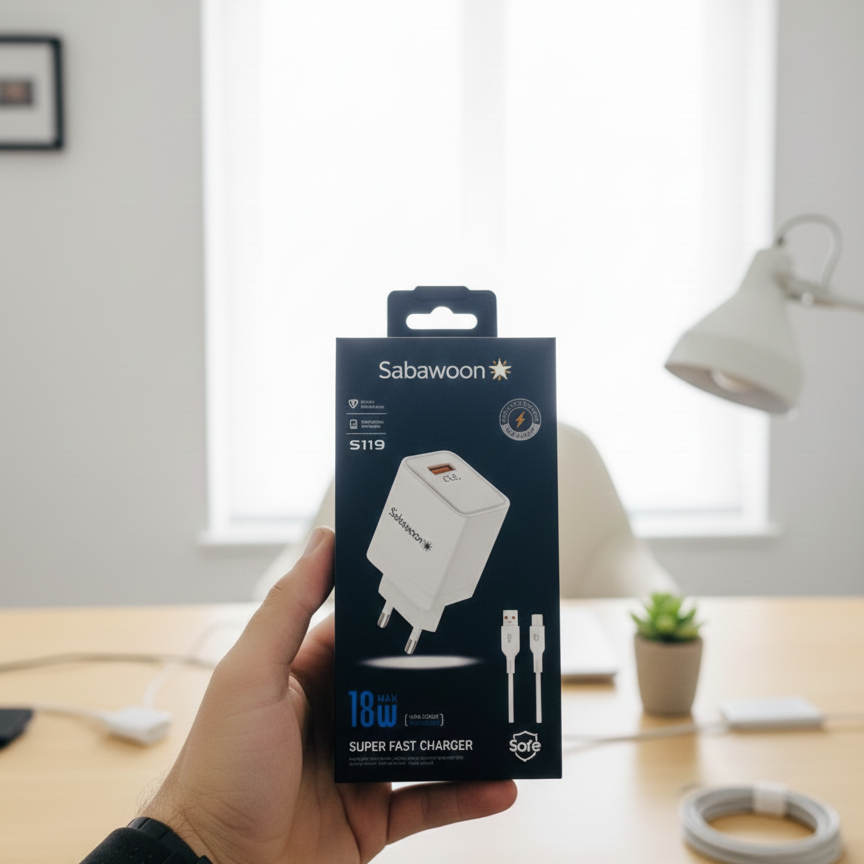 Sabawoon S119 Fast Charging Charger 🔌 | 18W Original | With Micro Cable View Gallery - Pakistan