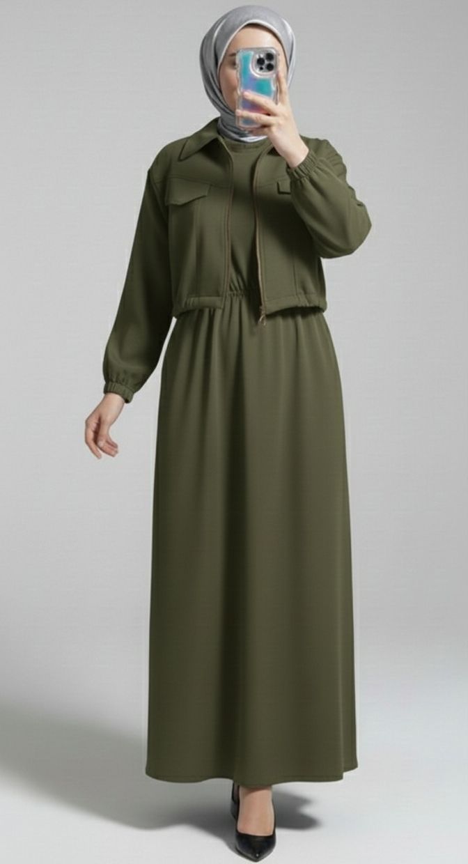 Stylish 2 Piece Set Long Frock Maxi Dress With Matching Zipper Jacket Premium Quality View Gallery - Pakistan