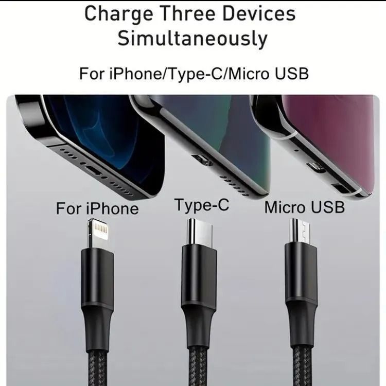 3 In 1 Charging Cable Durable Aluminum Alloy Strong Build Reliable Utility Perfect Choice For Daily Charging Needs (Random Color) View Gallery - Pakistan