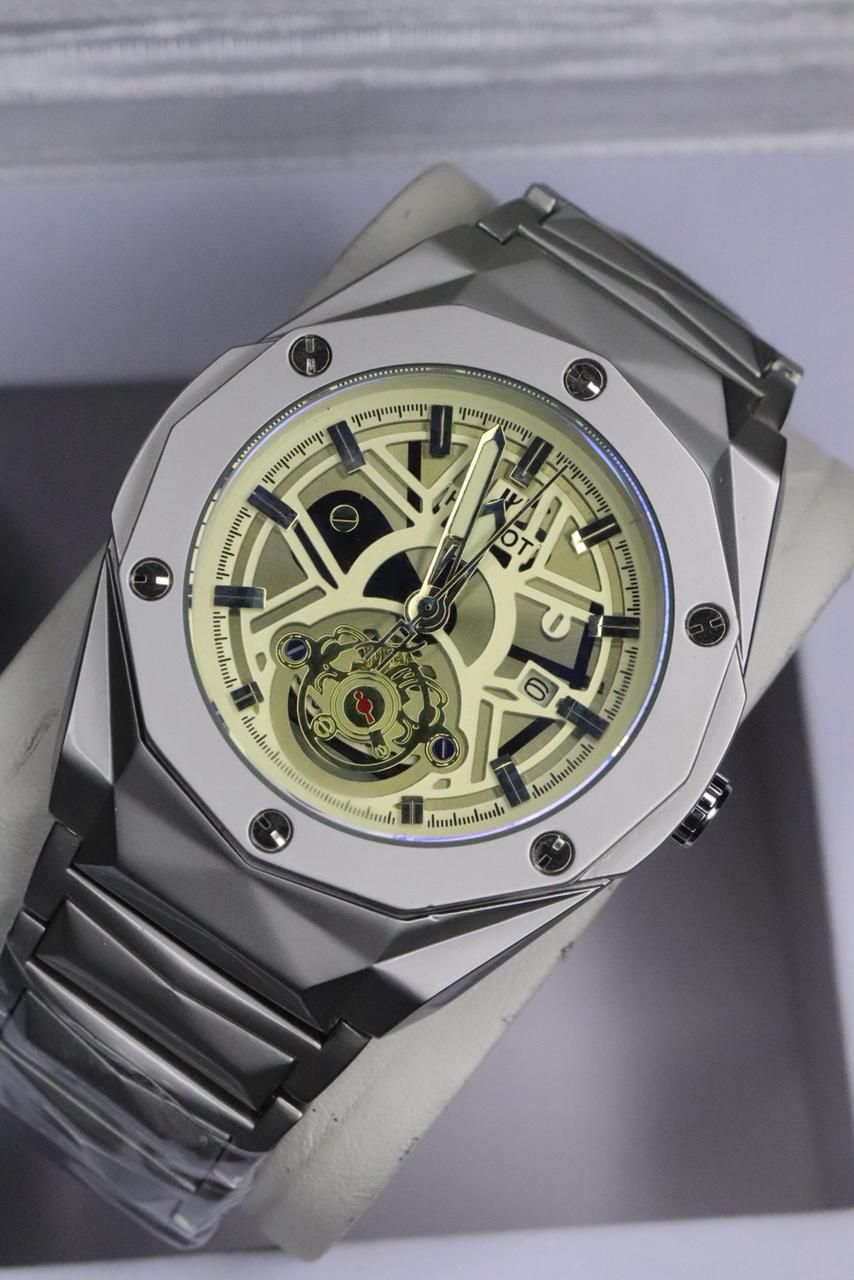 HB Men's Automatic Skeleton Wristwatch | Industrial-Chic Stainless Steel ( without box) Case with Genuine Leather Strap | Self-Winding Mechanical Movement & 6-Mo View Gallery - Pakistan
