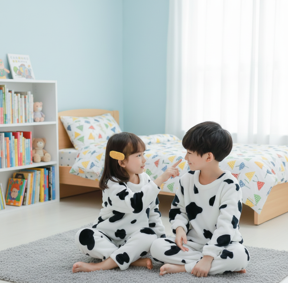 Ultra-Soft Fleece Kids Cow Print Pajamas | Plush Flannel Winter Loungewear Set for Boys &amp; Girls
