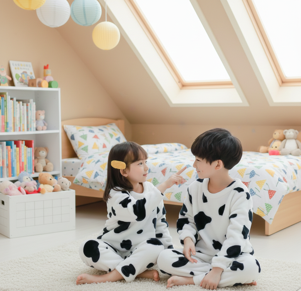 Ultra-Soft Fleece Kids Cow Print Pajamas | Plush Flannel Winter Loungewear Set for Boys & Girls View Gallery - Pakistan