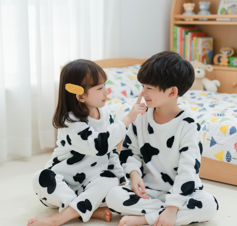Ultra-Soft Fleece Kids Cow Print Pajamas | Plush Flannel Winter Loungewear Set for Boys & Girls View Gallery - Pakistan
