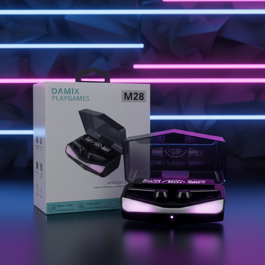 DAMIX M28 TWS Wireless 5.3 Gaming Earbuds with LED Power Display, Dual Mode (Game/Music), Low Latency, and HD Mirror Design View Gallery - Pakistan