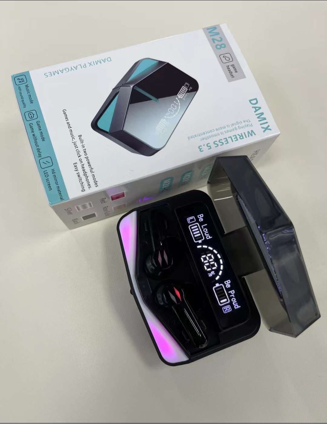 DAMIX M28 TWS Wireless 5.3 Gaming Earbuds with LED Power Display, Dual Mode (Game/Music), Low Latency, and HD Mirror Design View Gallery - Pakistan