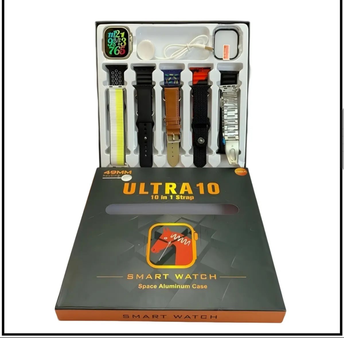 Ultra 10 Smart Watch | 10 in 1 Straps+Jelly Case | BT Calling | Super HD Display 49mm | Multi color straps &amp; wireless charging (Random color)