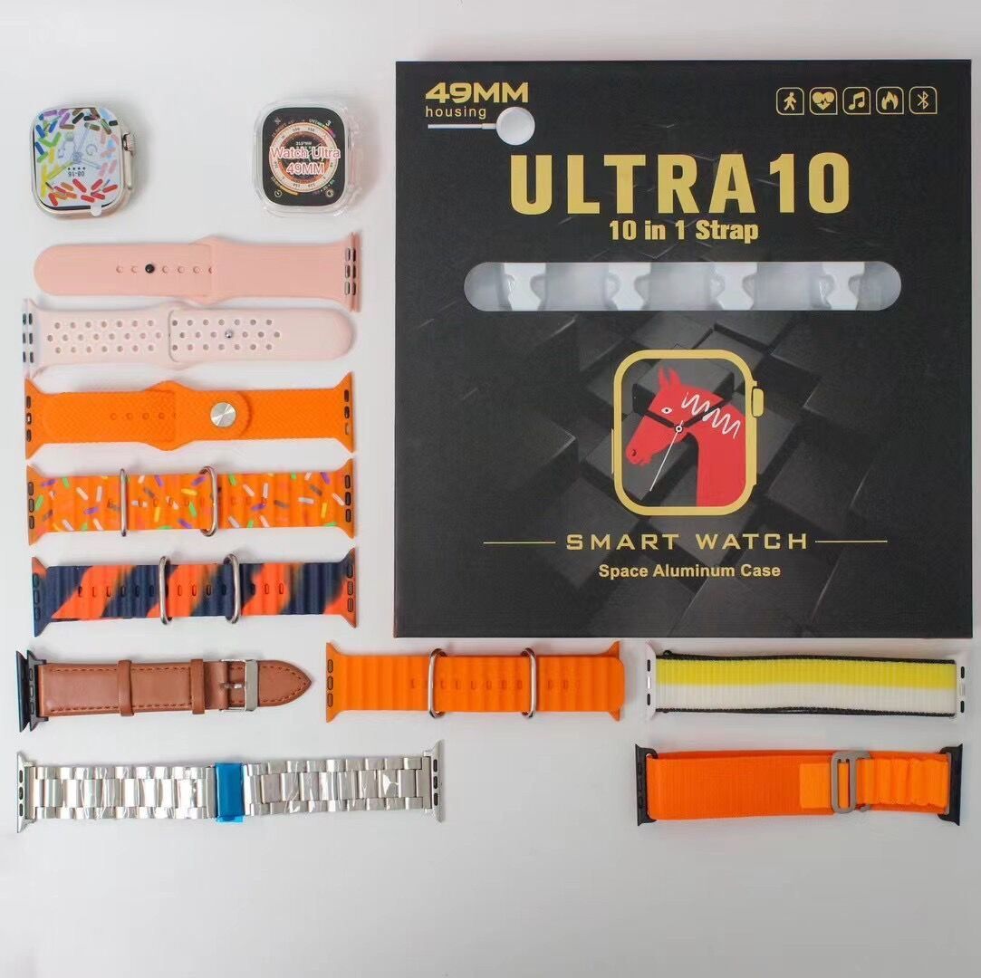 Ultra 10 Smart Watch | 10 in 1 Straps+Jelly Case | BT Calling | Super HD Display 49mm | Multi color straps & wireless charging (Random color) View Gallery - Pakistan