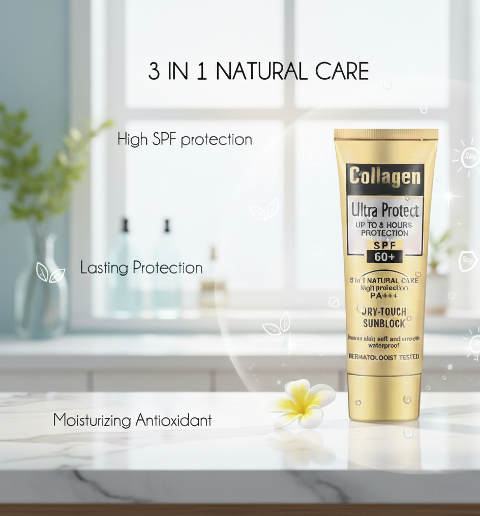 Collagen Ultra Protect Sunblock: High SPF 60+ PA+++, 3-in-1 Natural Care for Lasting, Moisturizing, and Waterproof Protection View Gallery - Pakistan
