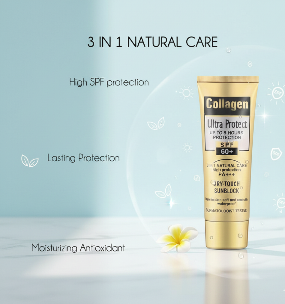 Collagen Ultra Protect Sunblock: High SPF 60+ PA+++, 3-in-1 Natural Care for Lasting, Moisturizing, and Waterproof Protection View Gallery - Pakistan