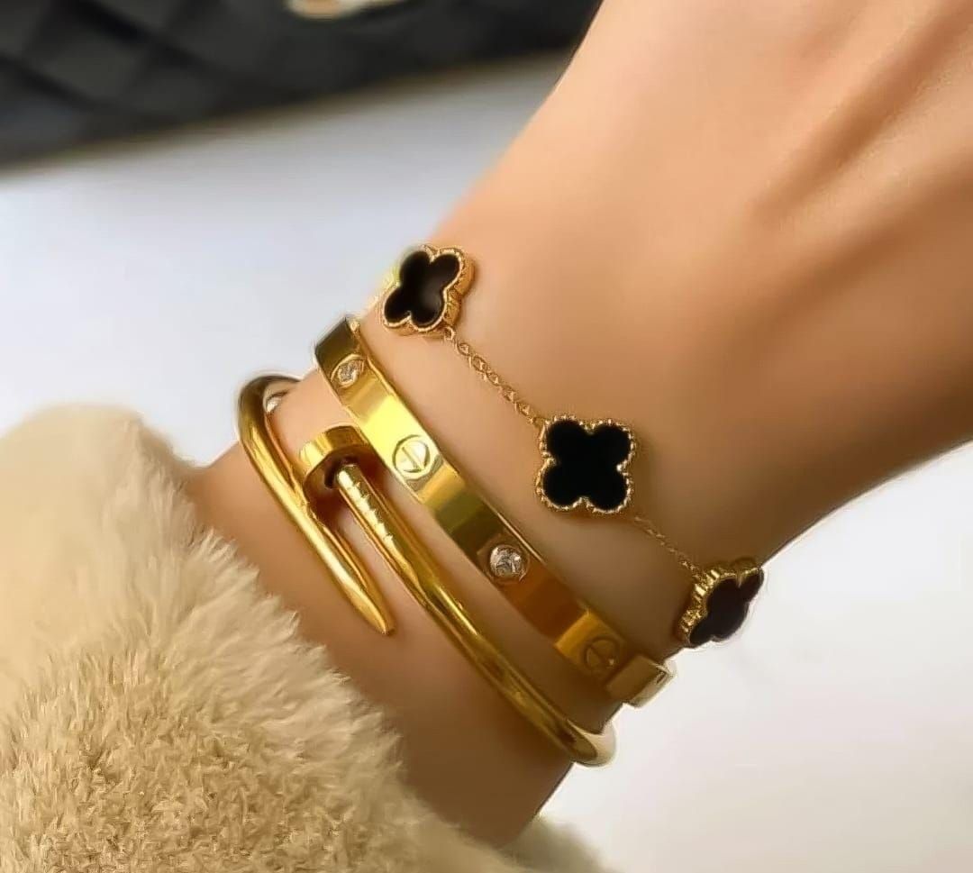 3 PC Stainless Steel Bangle Set for Women: Elegant Gold-Tone Stackable Jewelry. View Gallery - Pakistan