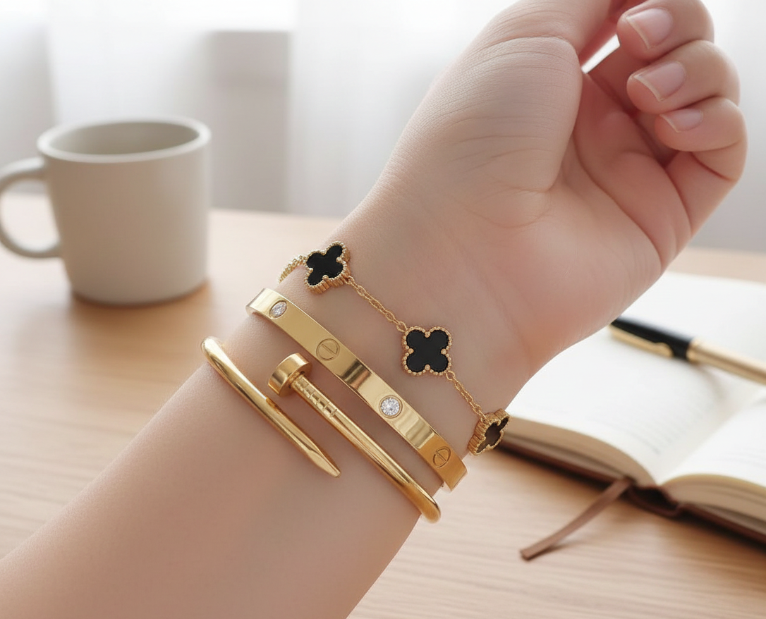 3 PC Stainless Steel Bangle Set for Women: Elegant Gold-Tone Stackable Jewelry. View Gallery - Pakistan