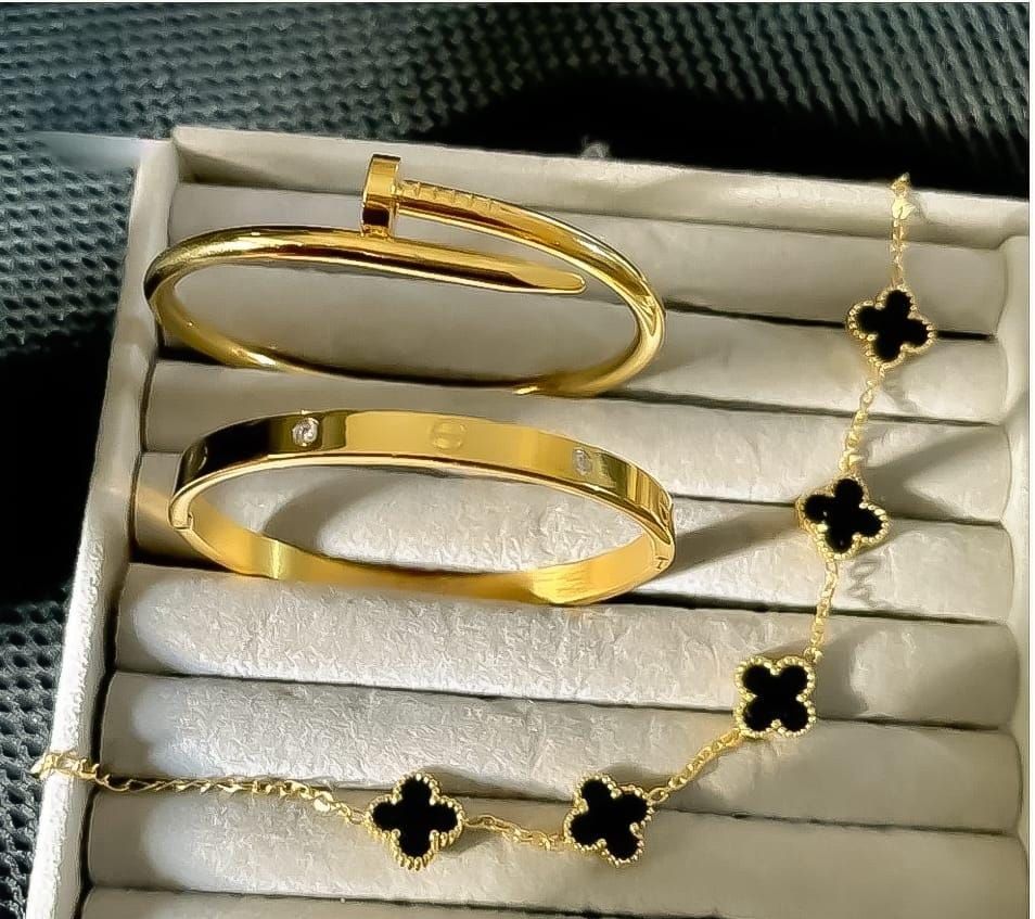 3 PC Stainless Steel Bangle Set for Women: Elegant Gold-Tone Stackable Jewelry. View Gallery - Pakistan