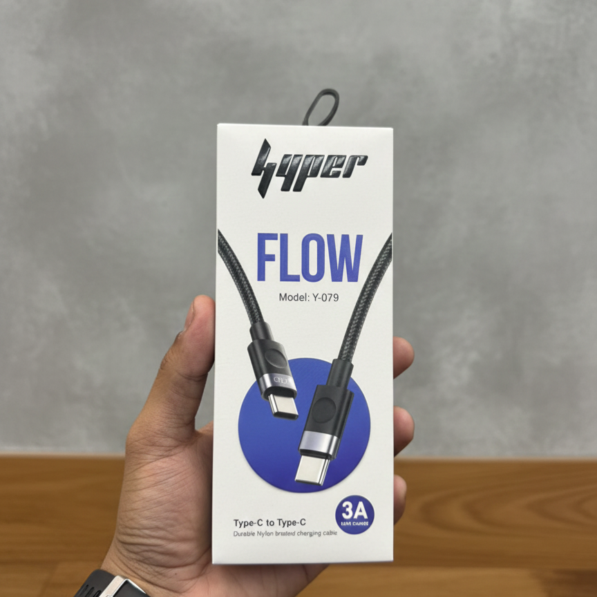 Hyper FLOW Type-C to Type-C Fast Charging Cable | Model Y-079 | 3A Nylon Braided