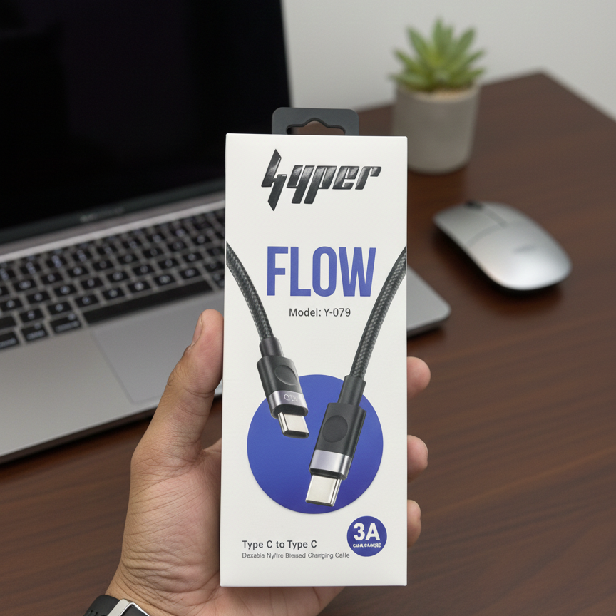 Hyper FLOW Type-C to Type-C Fast Charging Cable | Model Y-079 | 3A Nylon Braided View Gallery - Pakistan