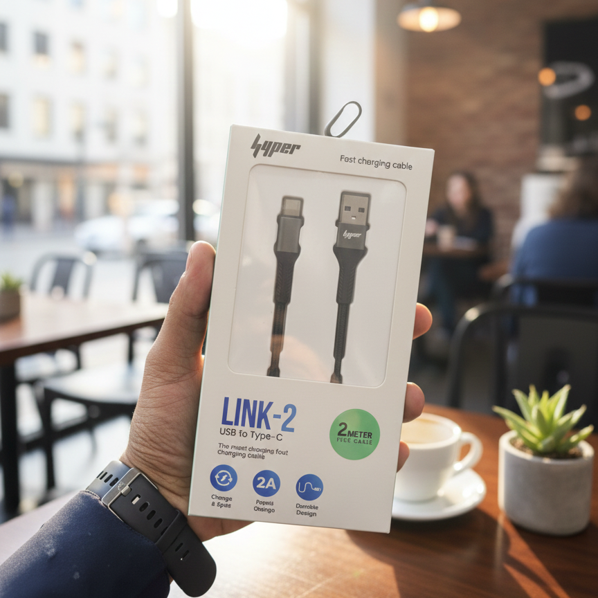Yolo Hyper LINK-2 USB to Type C Charging Cable (Y-084) – Durable Nylon Braided, 2m, Fast 2A Charging & Data Transfer View Gallery - Pakistan