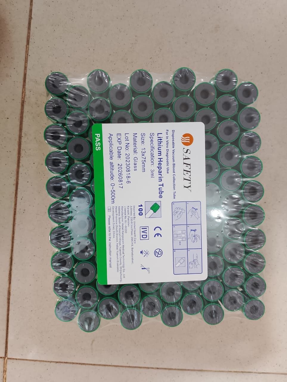 SAFETY Lithium Heparin Vacuum Blood Collection Tubes (Glass, 3ml, 13x75mm) - Pack of 100 View Gallery - Pakistan